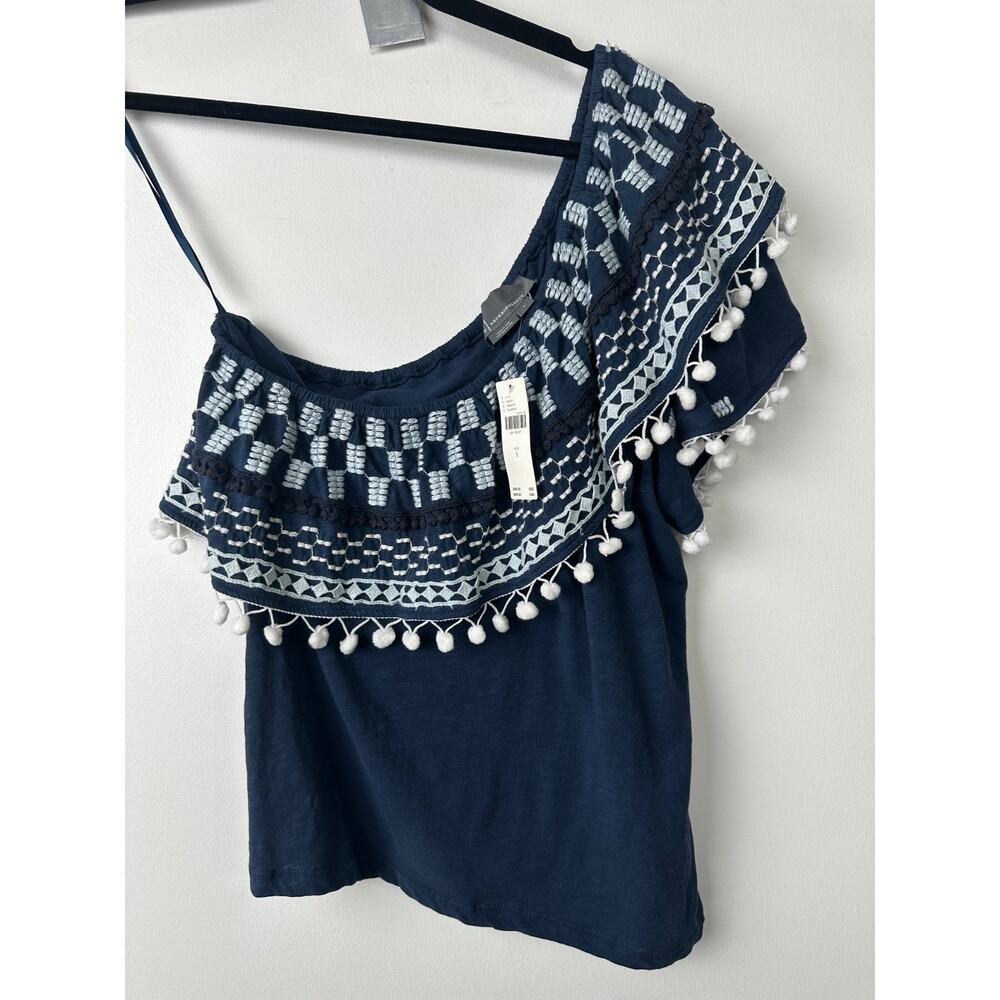NWT Anthropologie Pom Tassel One Shoulder Blue Top Large L Boho $88 Blue A30 - Picture 3 of 8